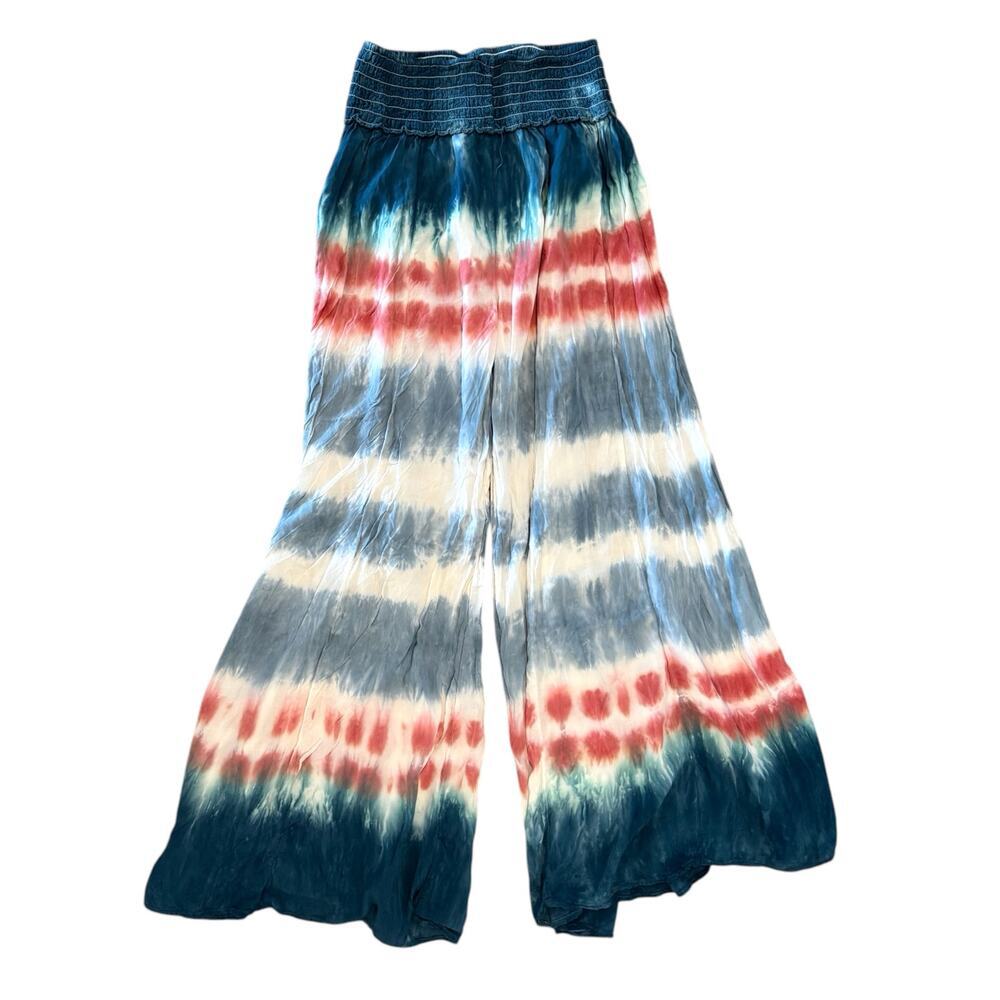 Womens S Red White Blue Tie Dye Smocked Waist Flare Leg Boho Flowy Beach Pants